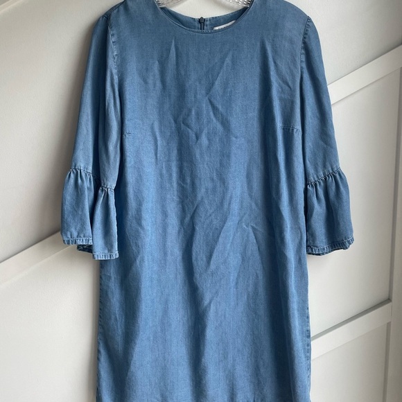 Zara Chambray Ruffle 3/4 Sleeve Light Denim Mini Dress Size M - Picture 7 of 12